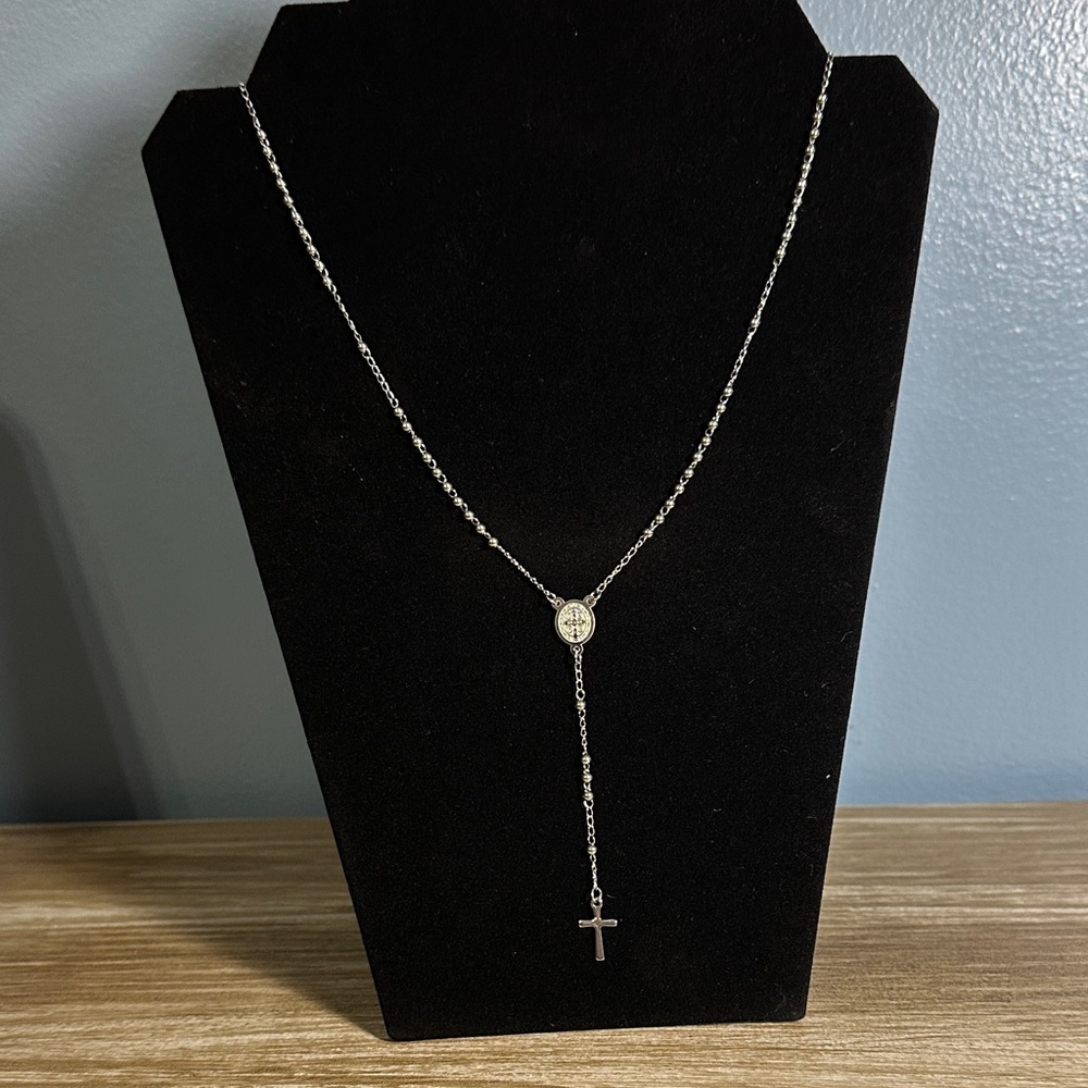 Elegant Stainless Steel Silver Rosary Pendant Necklace